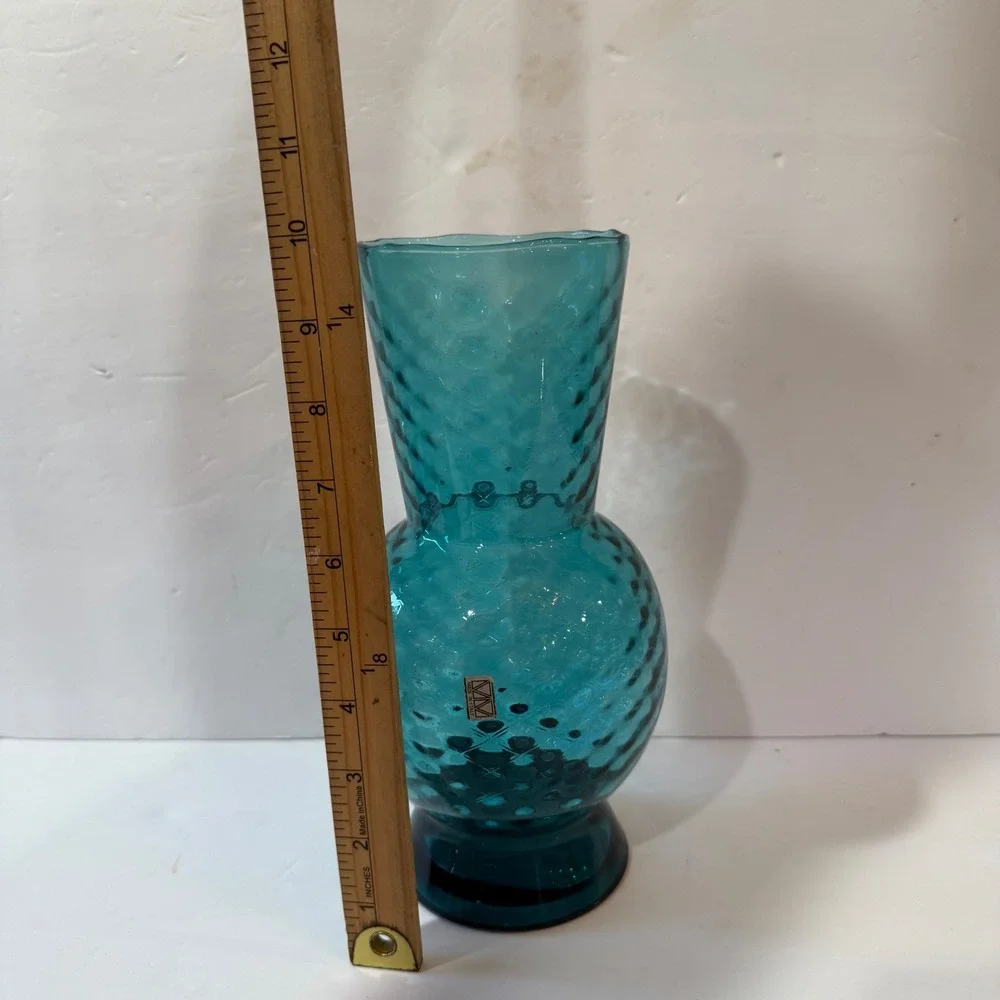 Vintage Made In Italy Empoli Blue Art Glass Vase Diamond Optic Genie Bottle